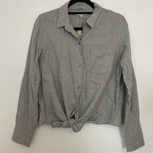 Gray cotton button down with tie at waist